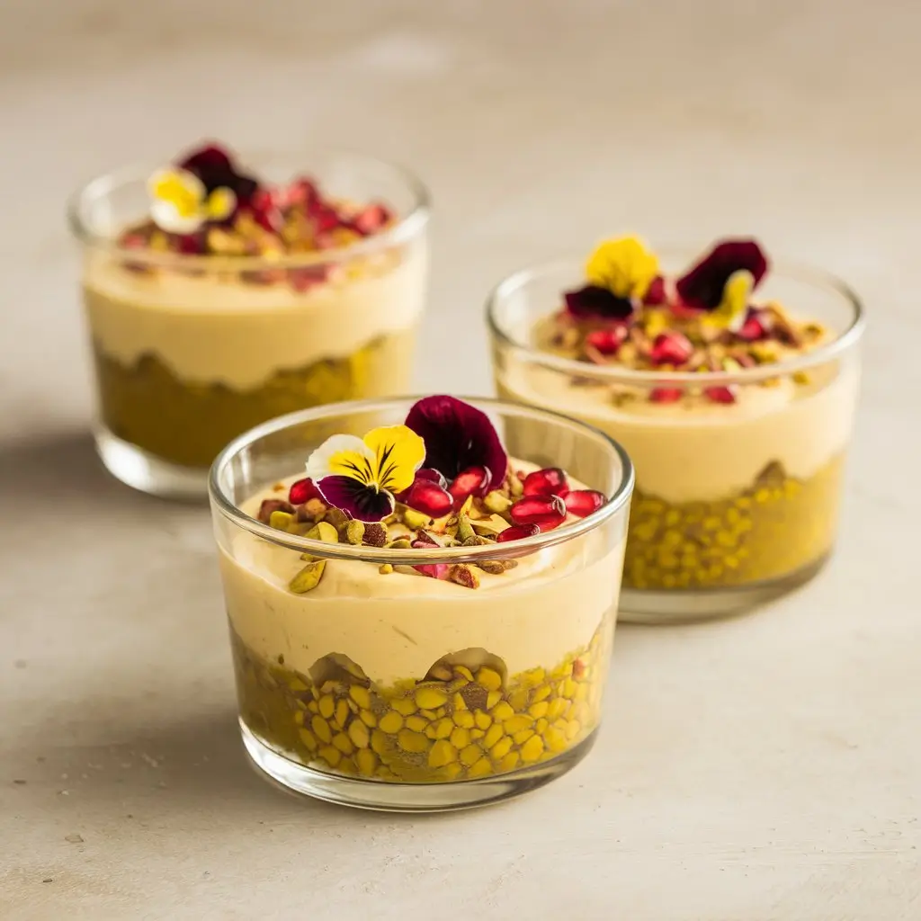 A bowl of Terra Massoud dessert with pistachio base, saffron cream, and pomegranate seeds.