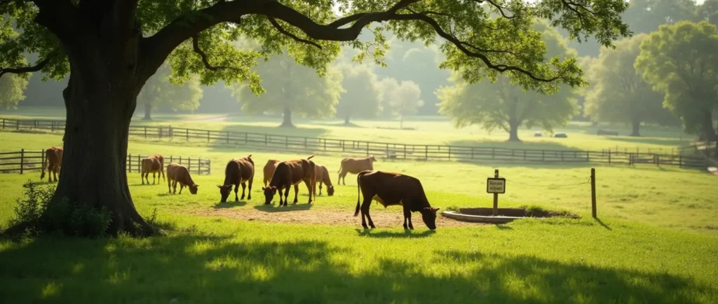 Wagyu cattle grazing in a serene, sustainable farm environment with lush pastures and a water trough.