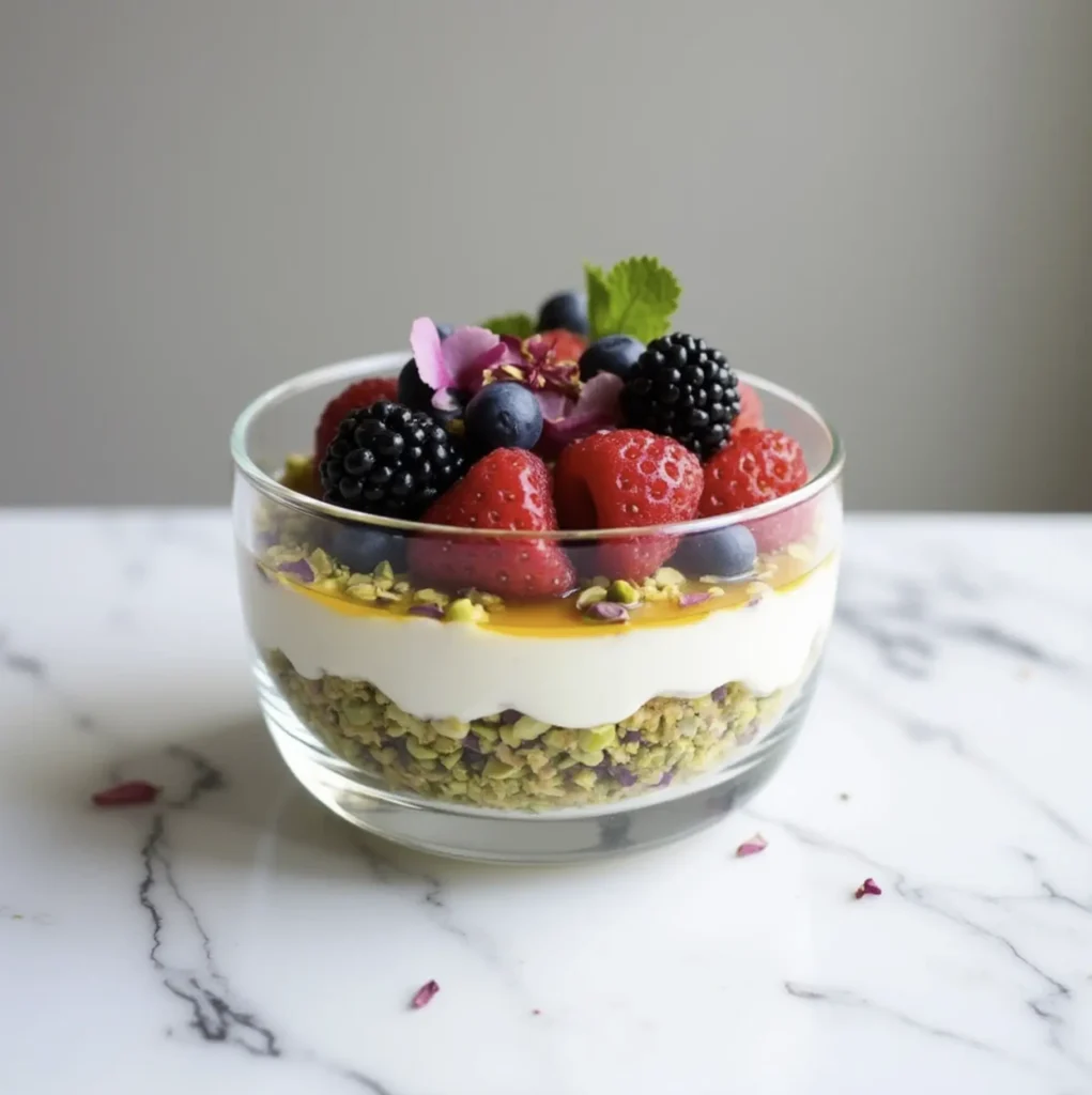 A layered Terra Massoud dessert in a glass bowl with pistachios, berries, and rose petals.