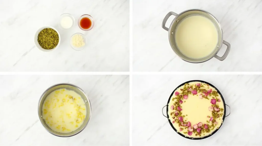 Four steps to making Terra Massoud: ingredients, custard preparation, layering in a dish, and garnished final dessert.