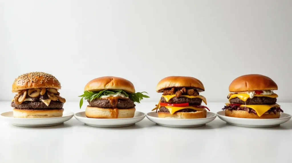 Four creative Wagyu burger variations featuring truffle toppings, Asian-inspired flavors, Mediterranean elements, and a classic gourmet style.