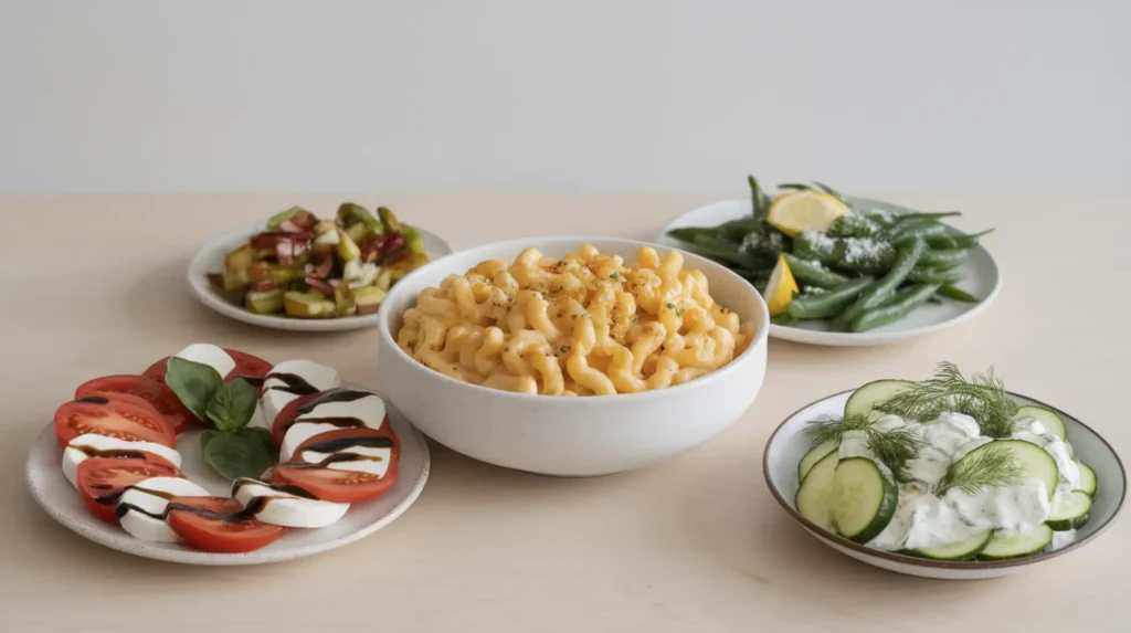 A bowl of creamy mac and cheese surrounded by vegetarian sides, including Caprese salad, steamed green beans with Parmesan, and cucumber dill salad.