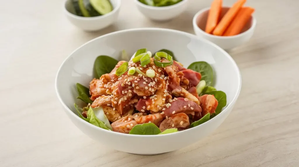 A bowl of Kimchi Tuna Salad with shredded kimchi, chunks of tuna, sesame seeds, and sliced green onions, accompanied by small bowls of cucumbers and carrot sticks on a light wooden background.