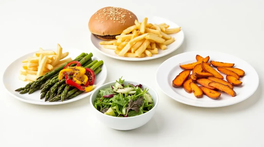 A selection of sides for a burger, including hand-cut fries, grilled vegetables, a crisp salad, and sweet potato wedges.