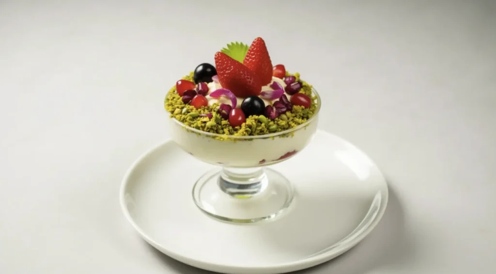 A layered Terra Massoud dessert in a glass with pistachios, fresh fruits, and rose petals.