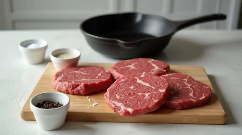 Raw Wagyu beef patties with marbling on a wooden board, next to bowls of salt and pepper, with a cast-iron skillet in the background.