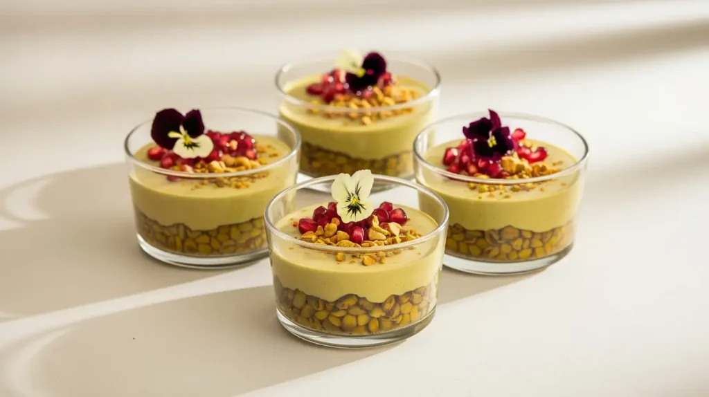 A beautifully layered Terra Massoud dessert with pistachio base, saffron cream, pomegranate seeds, and edible flowers in a clear glass bowl.