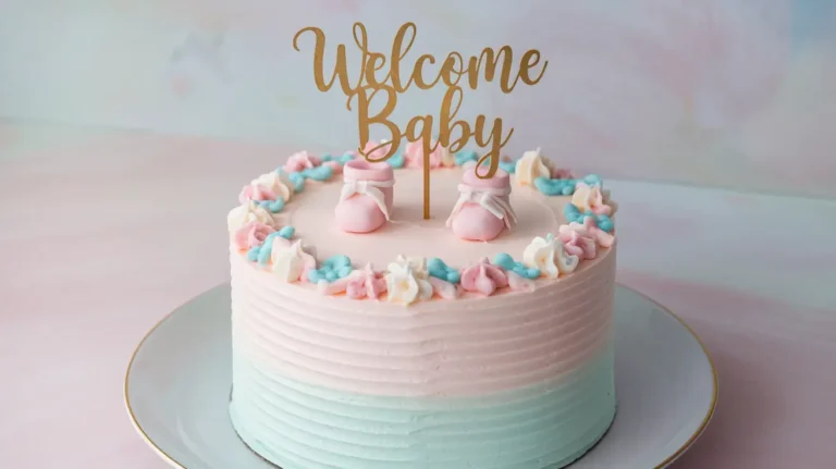 A pastel-colored Baby Shower Cake with fondant baby booties and a Welcome Baby topper, displayed on a white plate with a soft background.