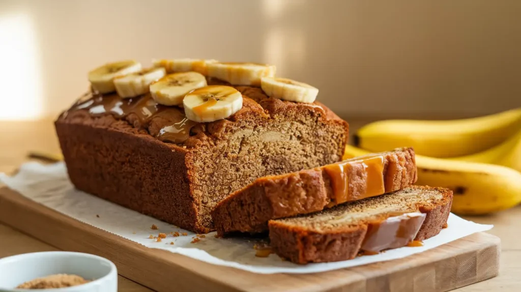 Freshly baked Bananas Foster Banana Bread with caramelized banana topping on a wooden board.