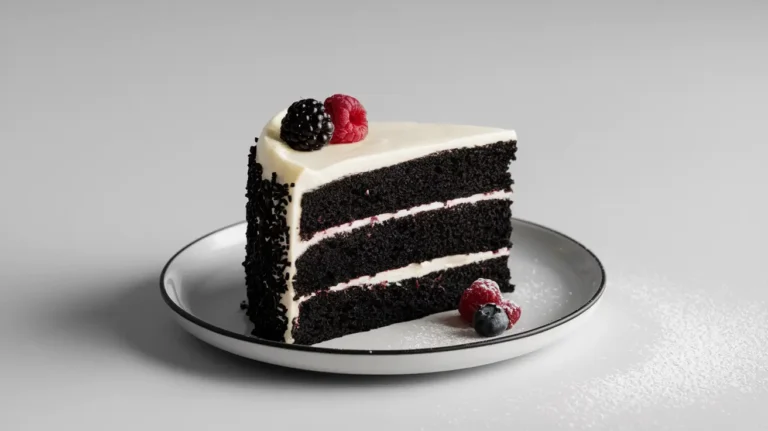 A slice of Blackest Velvet Cake with cream cheese frosting, showcasing its dark black color and velvety texture, placed on a white plate.