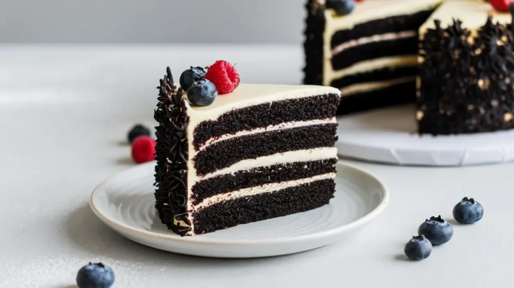 A slice of Blackest Velvet Cake with cream cheese frosting, showcasing its dark black color and velvety texture, placed on a white plate.