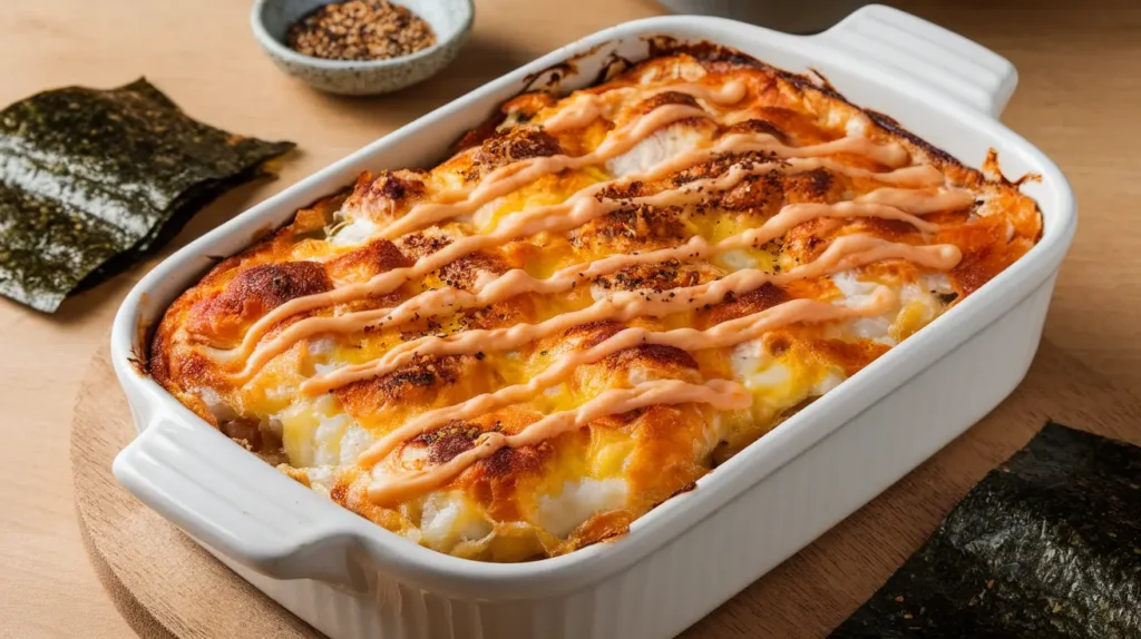 Cheesy sushi bake in a white ceramic dish with golden melted cheese, served with nori sheets.