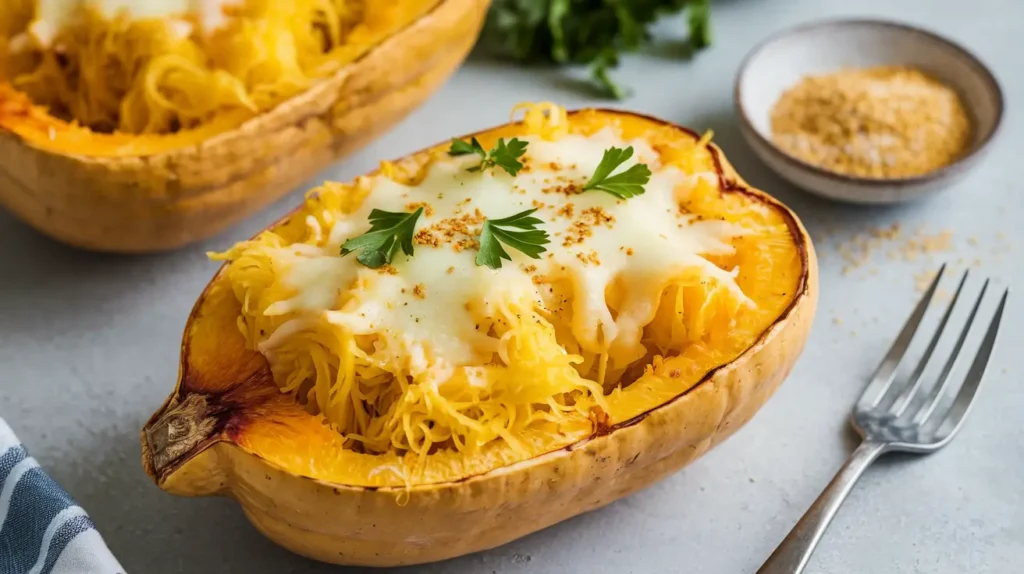Cheesy vegan spaghetti squash topped with melted vegan cheese and fresh parsley on a neutral background.