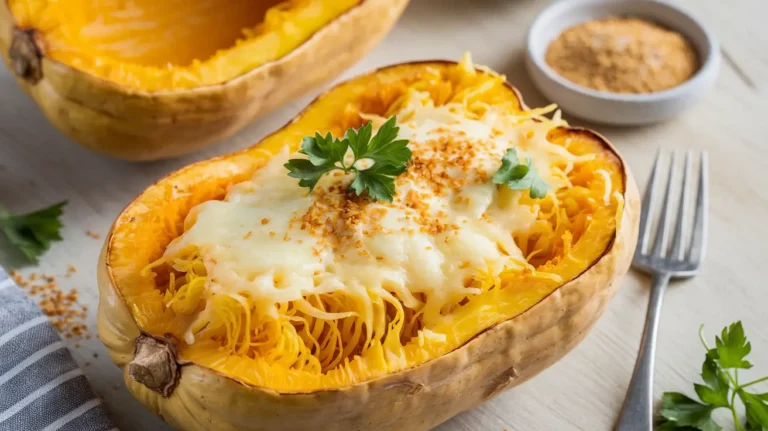 Cheesy vegan spaghetti squash topped with melted vegan cheese and fresh parsley on a neutral background