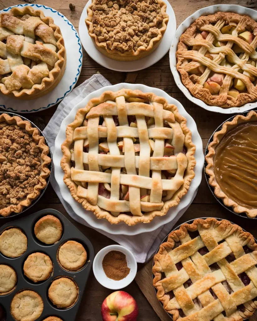A display of different homemade apple pie variations, including Dutch apple pie, caramel apple pie, mini apple pies, and cheddar apple pie on a rustic wooden table.