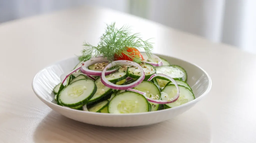 Fresh cucumber salad with red onions and dill in a white bowl