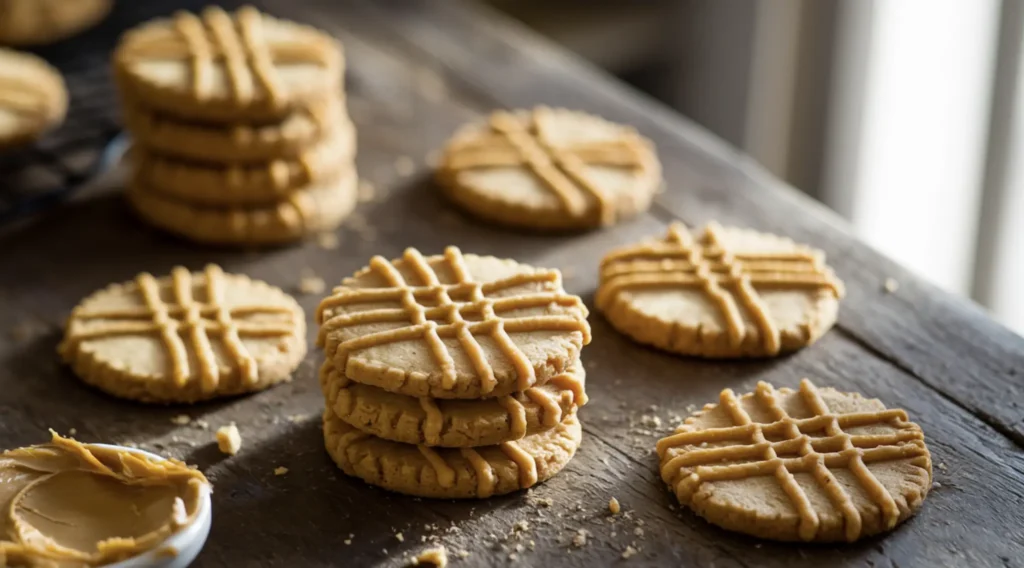 Freshly baked easy peanut butter cookies with crisscross fork pattern on a rustic wooden table.