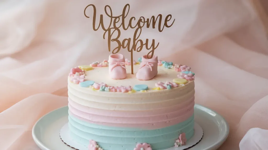 A pastel-colored Baby Shower Cake with fondant baby booties and a Welcome Baby topper, displayed on a white plate with a soft background.