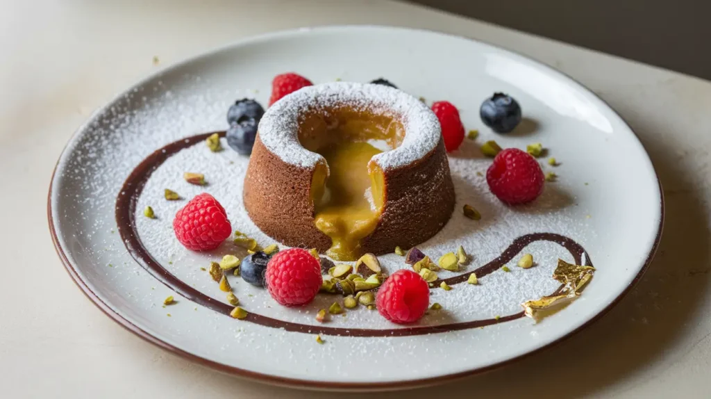 A Molten Pistachio Lava Cake garnished with powdered sugar, chocolate drizzle, fresh berries, crushed pistachios, and edible gold leaf on a white plate.