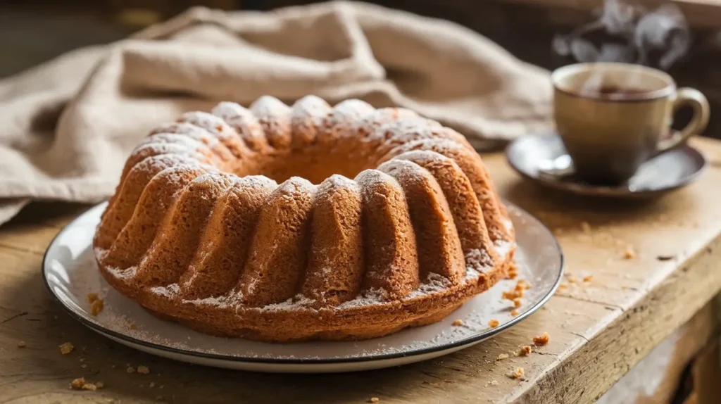Classic Bundt Cake with powdered sugar on a white plate, placed on a wooden table