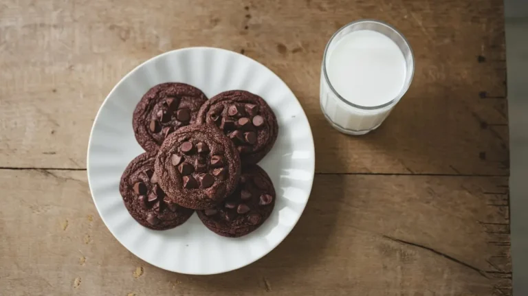 Freshly baked Fudgy Double Chocolate Cookies on a white plate, showcasing their soft, fudgy texture and chocolate chips, with a glass of milk on a rustic wooden table.