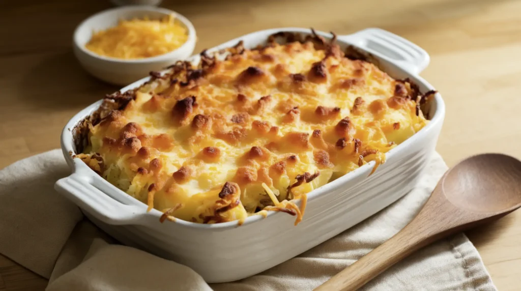 Cheesy potato casserole in a white baking dish with a golden-brown crispy top, placed on a wooden countertop.