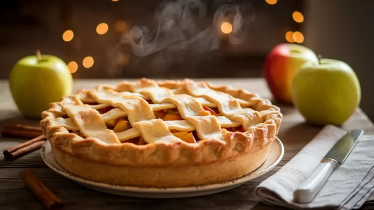 Freshly baked homemade apple pie with a golden lattice crust on a rustic wooden table, surrounded by apples and cinnamon sticks.