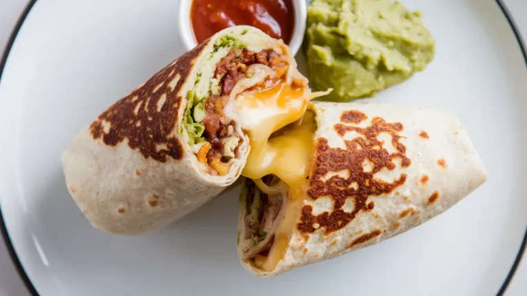 Grilled Cheese Burrito with melted cheese, crispy tortilla, and sides of salsa and guacamole on a white plate.