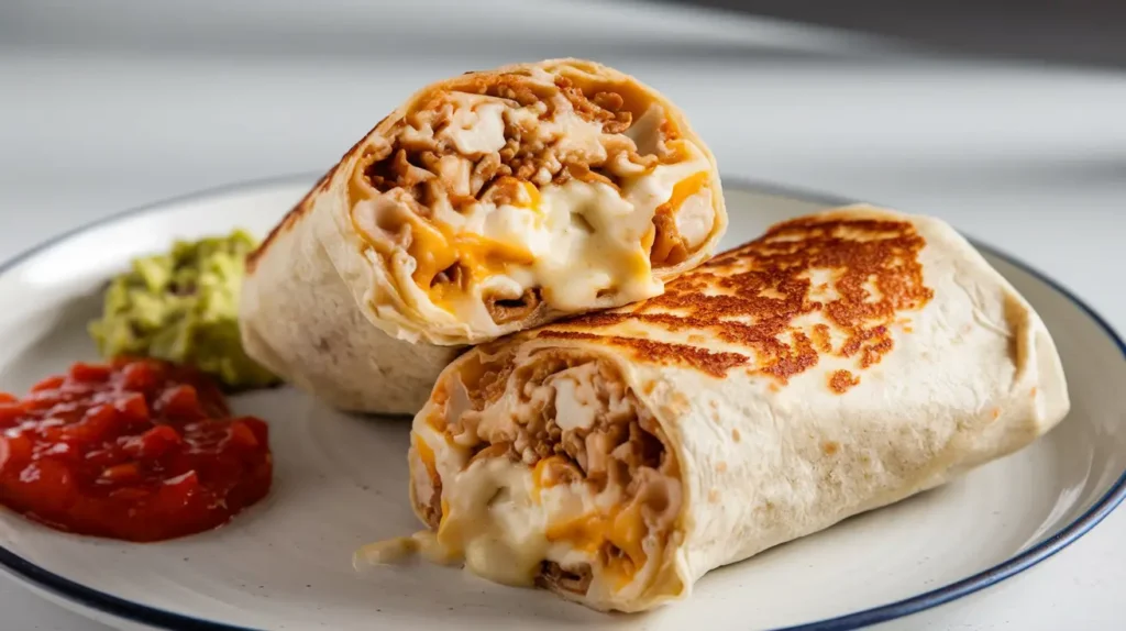 Grilled Cheese Burrito with melted cheese, crispy tortilla, and sides of salsa and guacamole on a white plate.