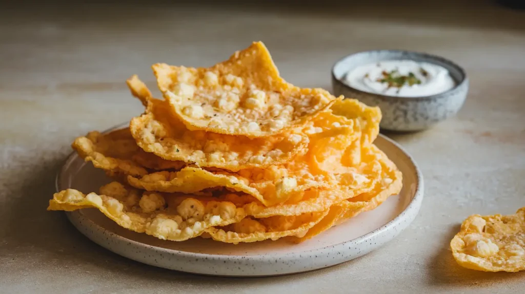 Cottage Cheese Chips Recipe Crispy golden cottage cheese chips on a white plate with a bowl of yogurt dip.