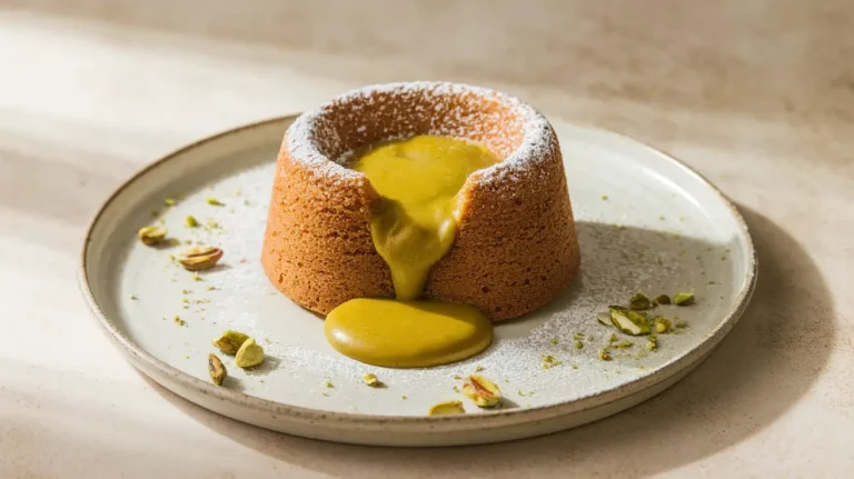 A Molten Pistachio Lava Cake with a gooey green pistachio filling, topped with powdered sugar and crushed pistachios, served on a white plate.