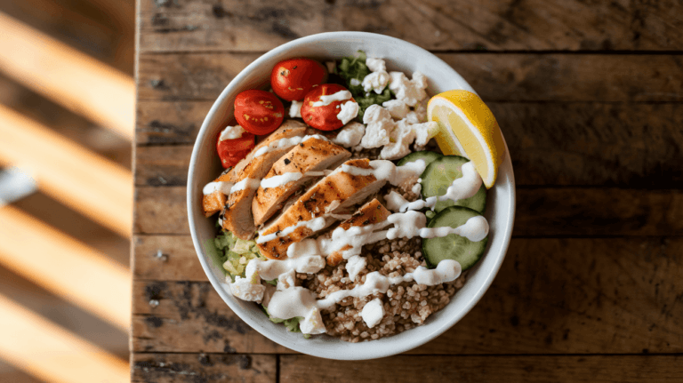 A Mediterranean Chicken Bowl with grilled chicken, cherry tomatoes, cucumbers, feta cheese, quinoa, and tzatziki sauce, served in a white ceramic bowl.