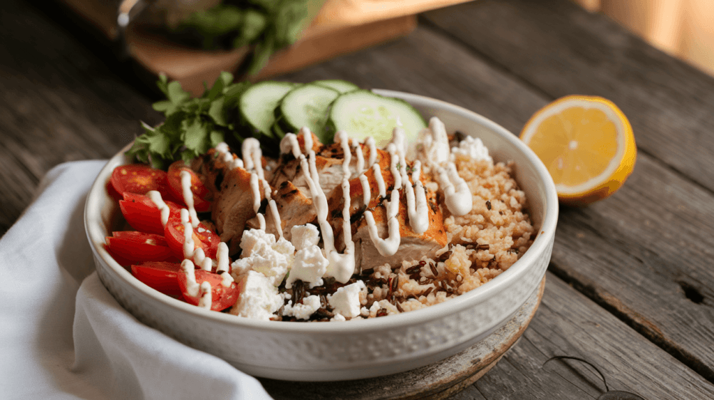 A Mediterranean Chicken Bowl with grilled chicken, cherry tomatoes, cucumbers, feta cheese, quinoa, and tzatziki sauce, served in a white ceramic bowl.