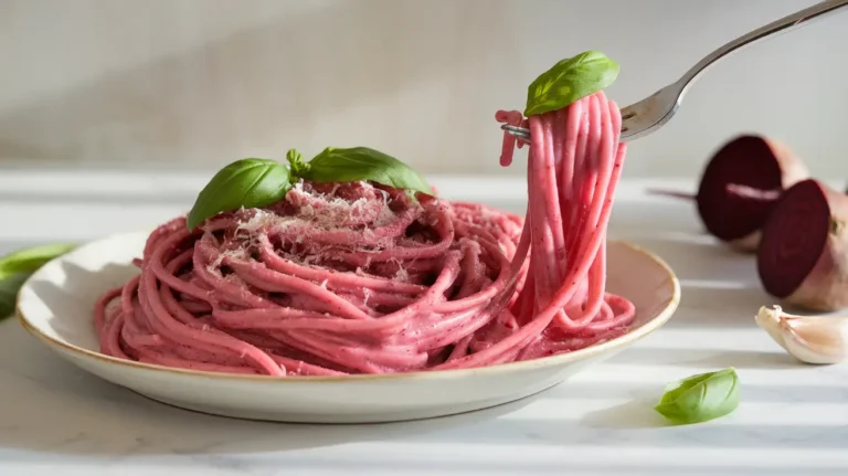 A plate of Pink Beet Pasta with a creamy beet sauce, garnished with fresh basil and Parmesan cheese, set on a simple wooden or marble surface.