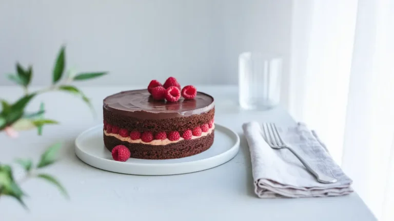 Raspberry Chocolate Ganache Cake with fresh raspberries on a white plate, topped with glossy chocolate ganache.