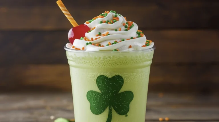 A tall glass of creamy green Shamrock Shake topped with whipped cream and a cherry, with a mint leaf beside it.