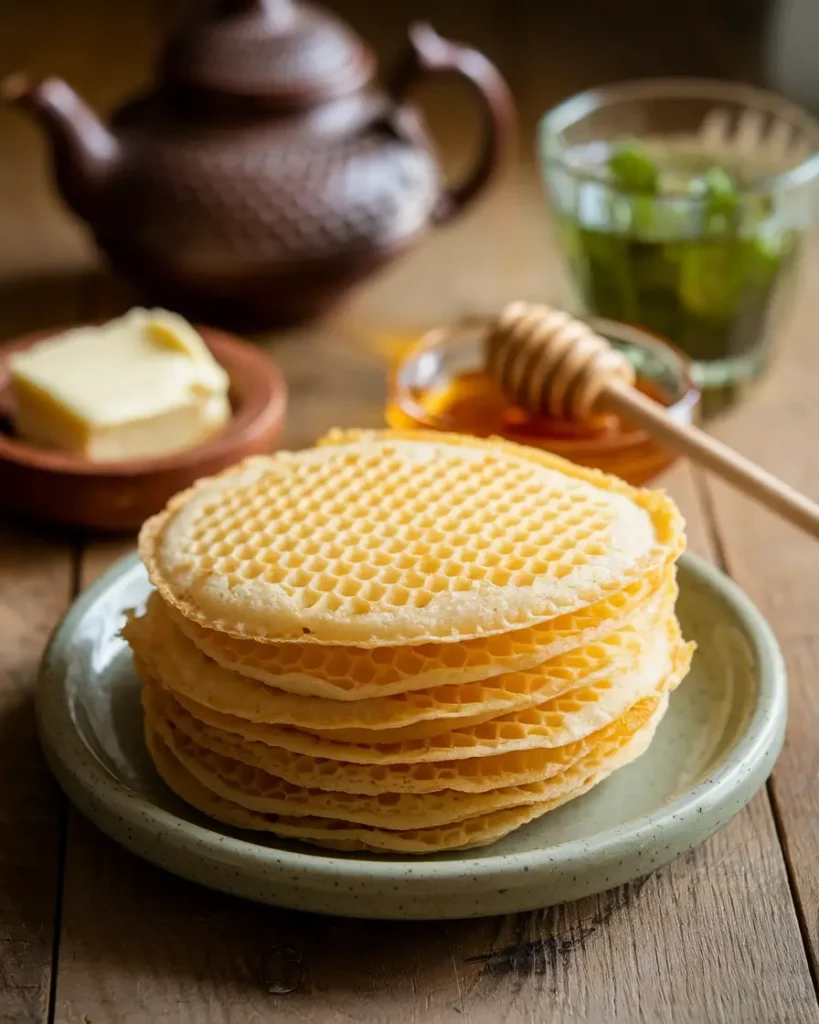 Traditional Moroccan Beghrir pancakes with honey and butter, served on a rustic wooden table.
