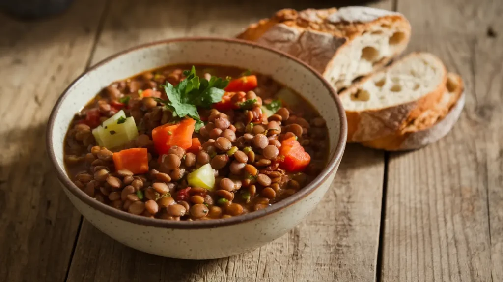 Hearty bowl of Vegetarian Lentil Stew with fresh parsley and crusty bread