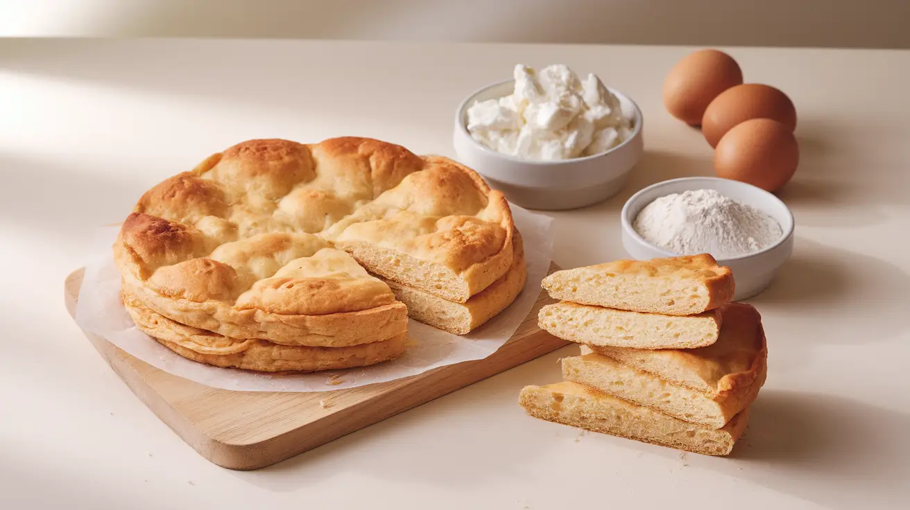 A golden-brown Cottage Cheese Flatbread on a wooden cutting board with a few slices cut, surrounded by small bowls of cottage cheese, almond flour, and eggs.