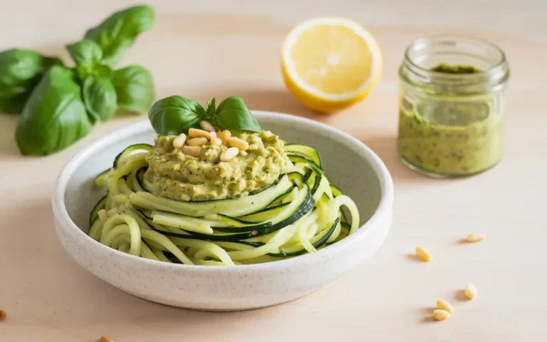 Bowl of Zucchini Noodles with Avocado Pesto garnished with basil and pine nuts