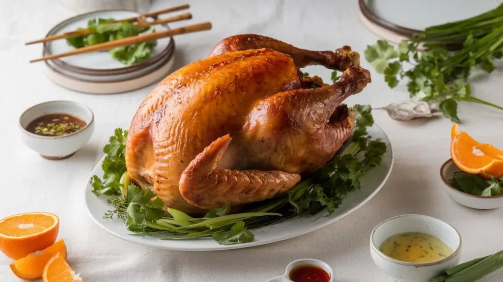 Golden Asian Style Roasted Turkey garnished with scallions and herbs on a white platter.