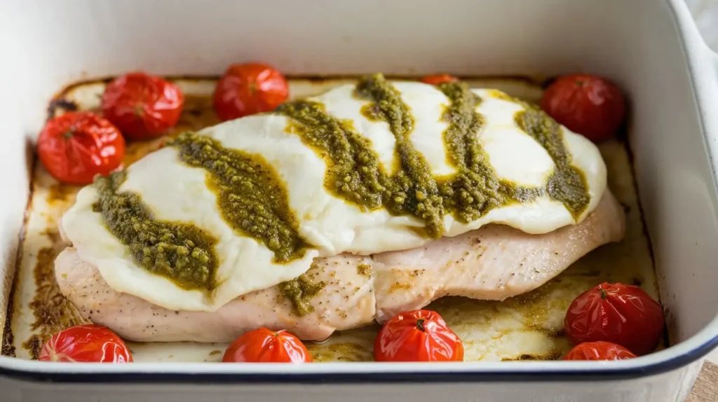 Baked pesto mozzarella chicken with cherry tomatoes in a white baking dish