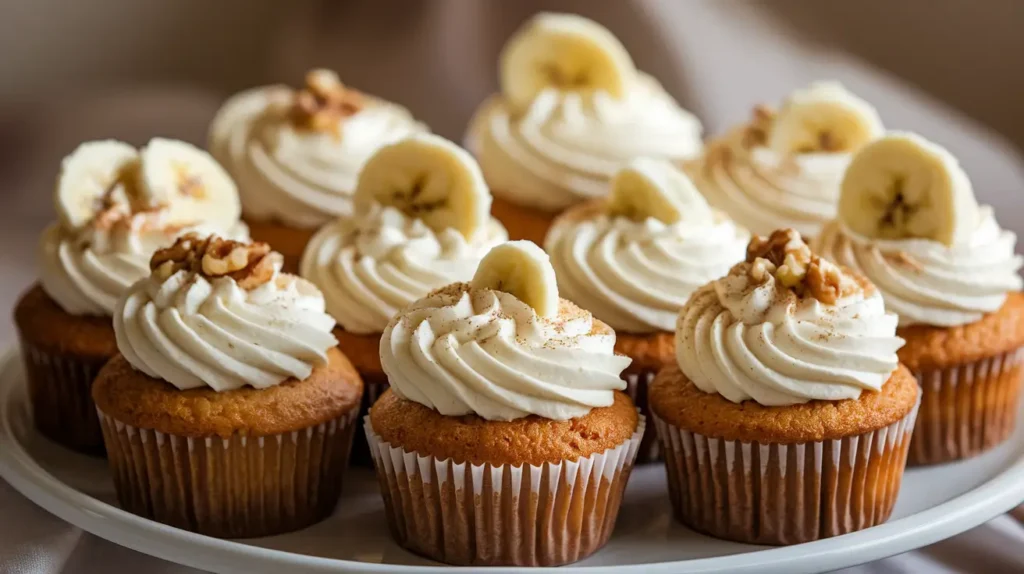 Freshly baked banana cream cheese cupcakes with creamy frosting on a white plate.