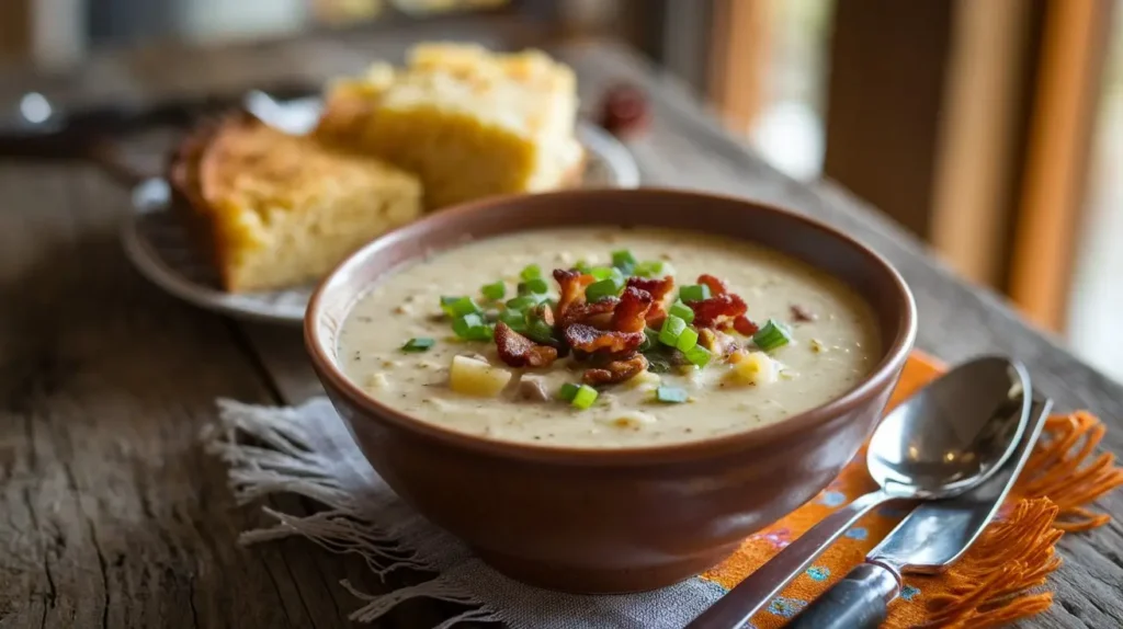 A bowl of creamy Cajun potato soup topped with green onions and bacon bits