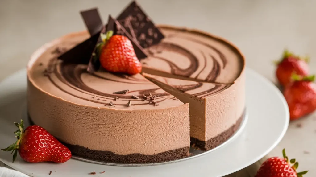 Chocolate Strawberry Swirl Cheesecake with a marbled strawberry swirl and a chocolate crust, served on a white plate with fresh strawberries.