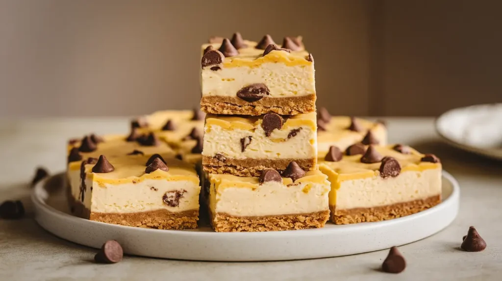 Close-up of freshly baked Cookie Dough Cheesecake Bars with visible layers of crust, cheesecake, and cookie dough topping.