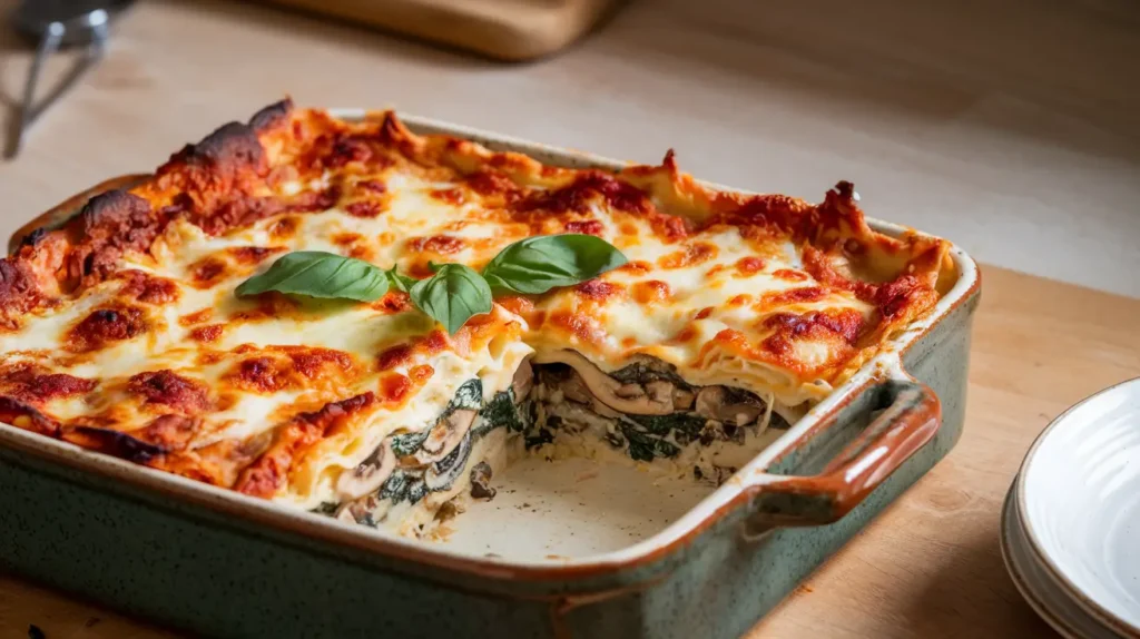 Creamy Spinach & Mushroom Lasagna with golden cheese topping and basil garnish.