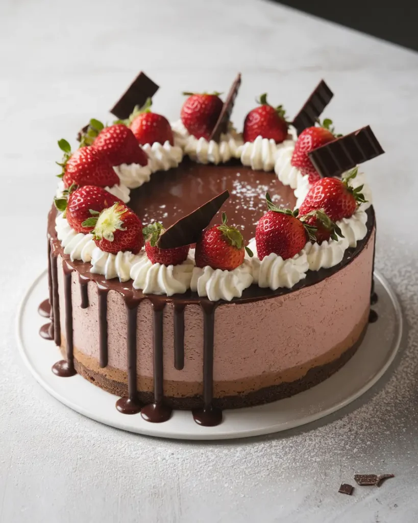 A Chocolate Strawberry Swirl Cheesecake decorated with a chocolate ganache drizzle, fresh strawberries, whipped cream swirls, chocolate shavings, and powdered sugar.