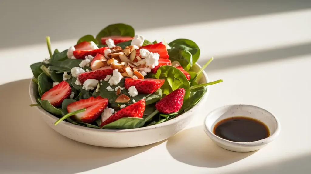 A fresh strawberry spinach salad with sliced strawberries, feta cheese, and almonds in a white ceramic bowl.