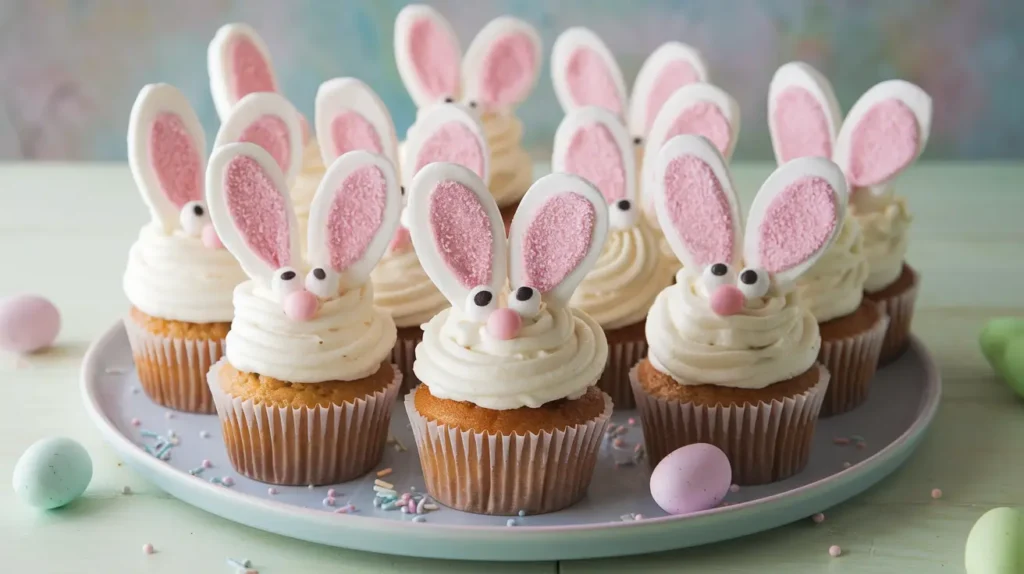 Festive Easter Bunny Cupcakes decorated with marshmallow ears and pastel frosting on a wooden table.